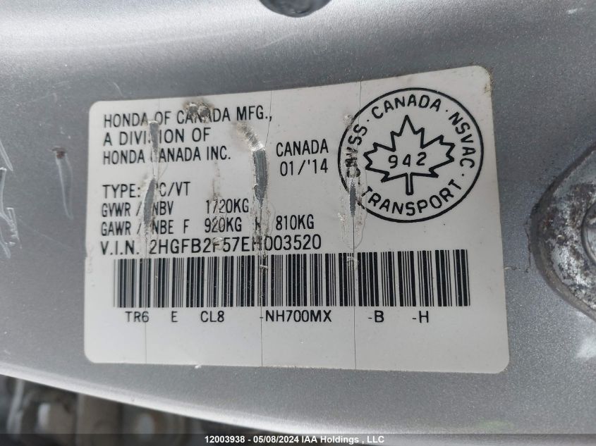 2014 Honda Civic Sedan VIN: 2HGFB2F57EH003520 Lot: 12003938