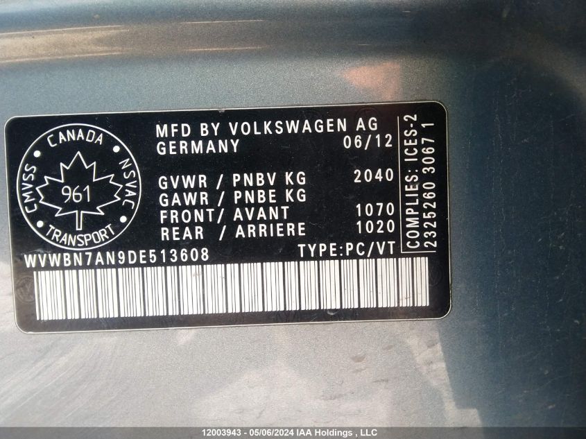 2013 Volkswagen Cc VIN: WVWBN7AN9DE513608 Lot: 12003943