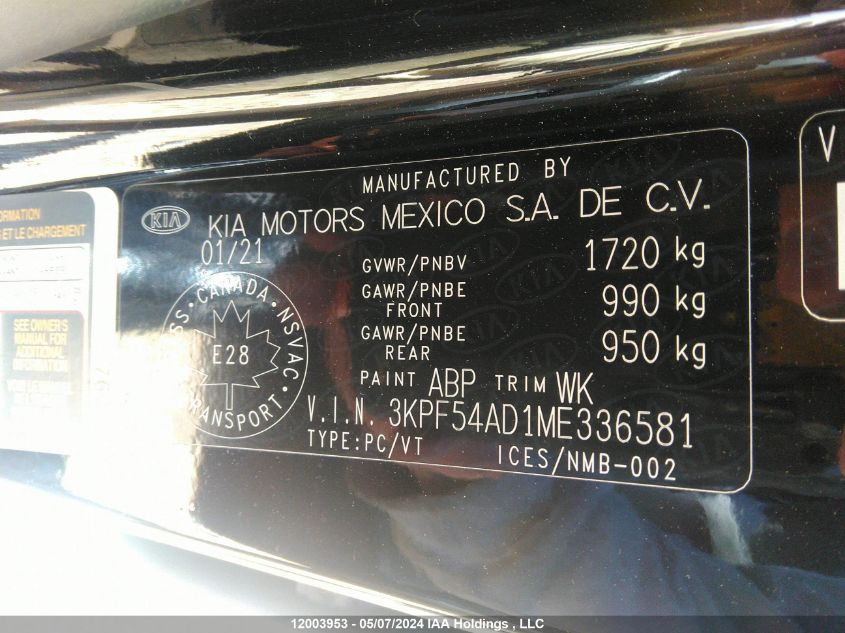 2021 Kia Forte Ex VIN: 3KPF54AD1ME336581 Lot: 12003953