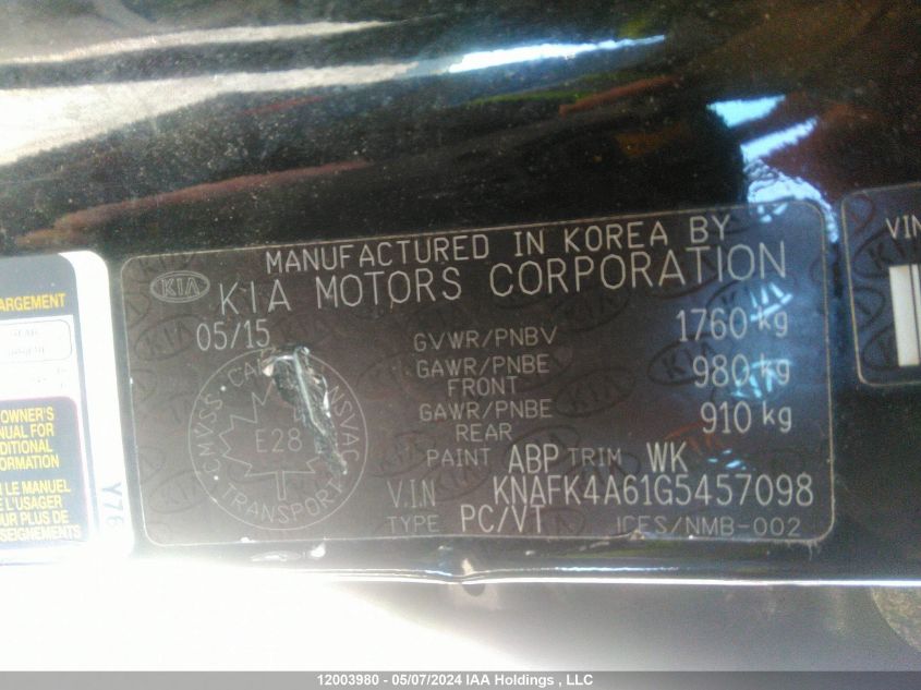 2016 Kia Forte VIN: KNAFK4A61G5457098 Lot: 12003980