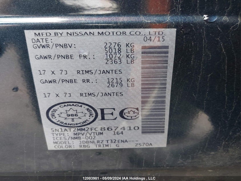 2015 Nissan Rogue S/Sl/Sv VIN: 5N1AT2MM2FC867410 Lot: 12003981