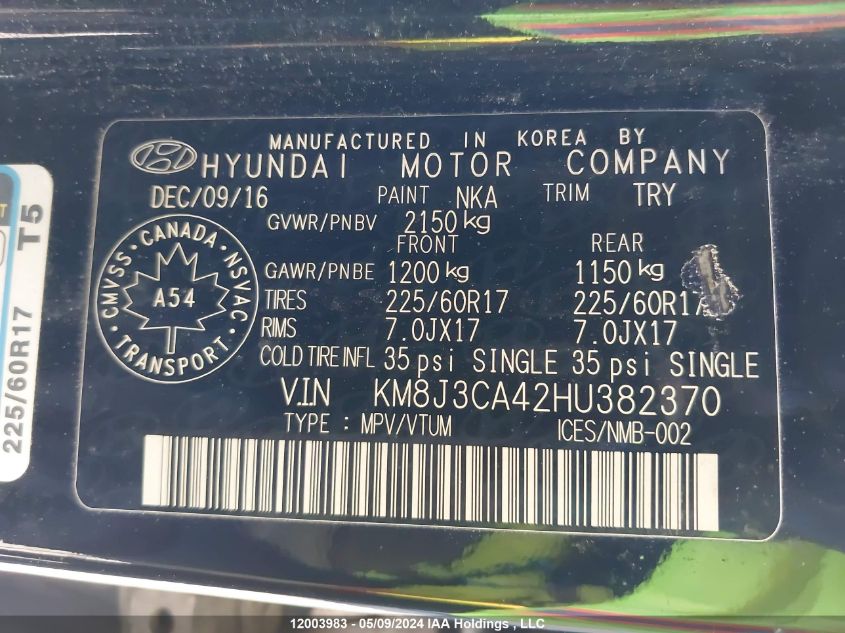 2017 Hyundai Tucson Limited/Sport And Eco/Se VIN: KM8J3CA42HU382370 Lot: 12003983
