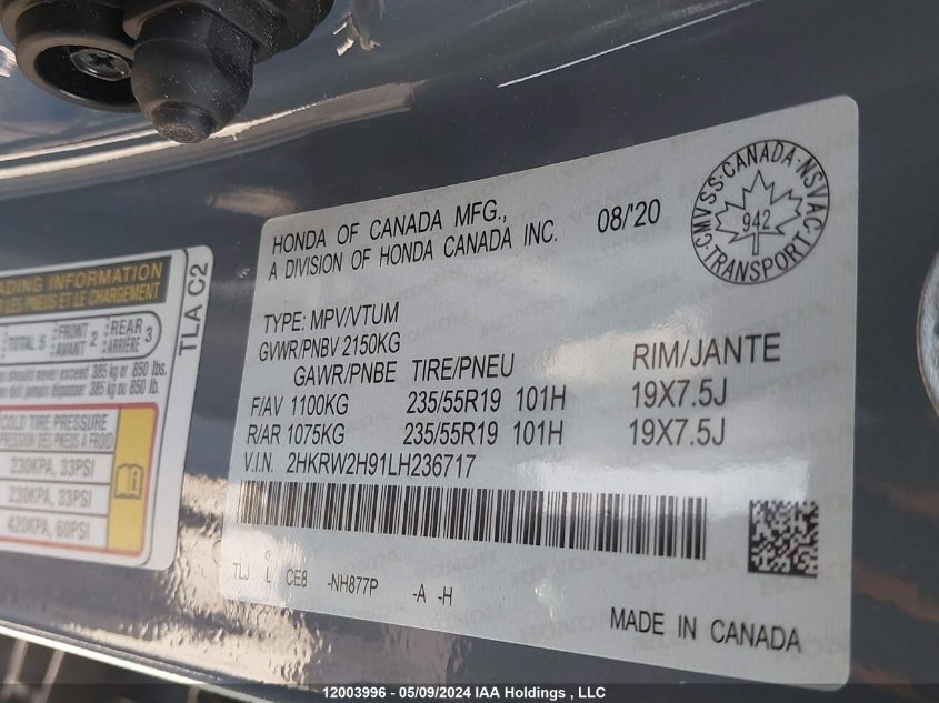 2020 Honda Cr-V VIN: 2HKRW2H91LH236717 Lot: 12003996