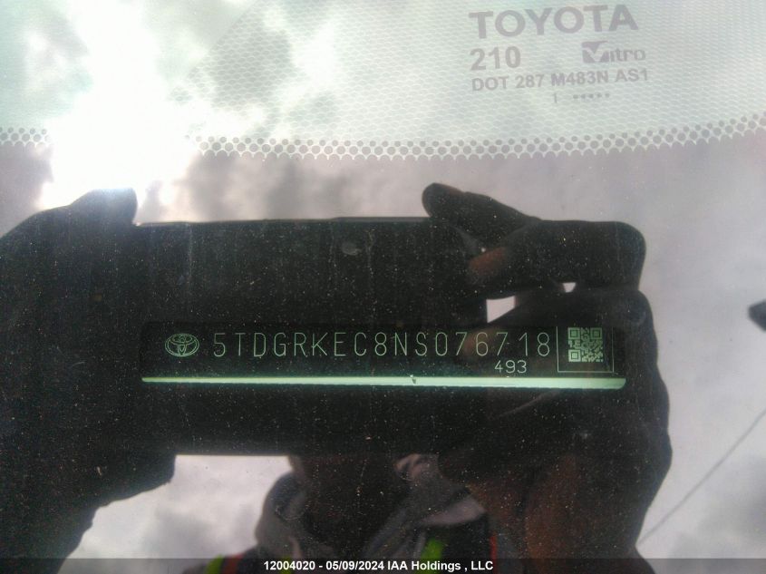 2022 Toyota Sienna Le/Xle/Xse/Limited/Platinum VIN: 5TDGRKEC8NS076718 Lot: 12004020