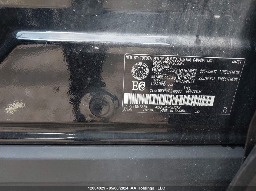2021 Toyota Rav4 Le VIN: 2T3B1RFV8MC218090 Lot: 12004029