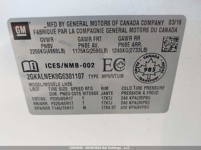 2016 GMC Terrain VIN: 2GKALNEK8G6301107 Lot: 12004040