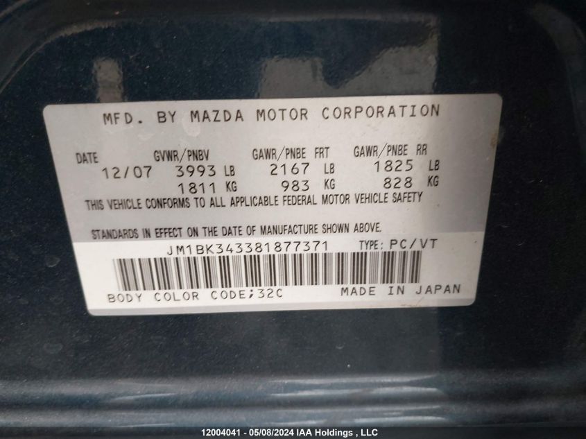 2008 Mazda Mazda3 VIN: JM1BK343381877371 Lot: 12004041