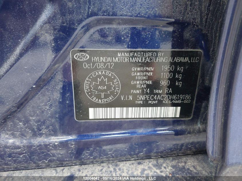 2013 Hyundai Sonata Limited VIN: 5NPEC4AC2DH619186 Lot: 12004042