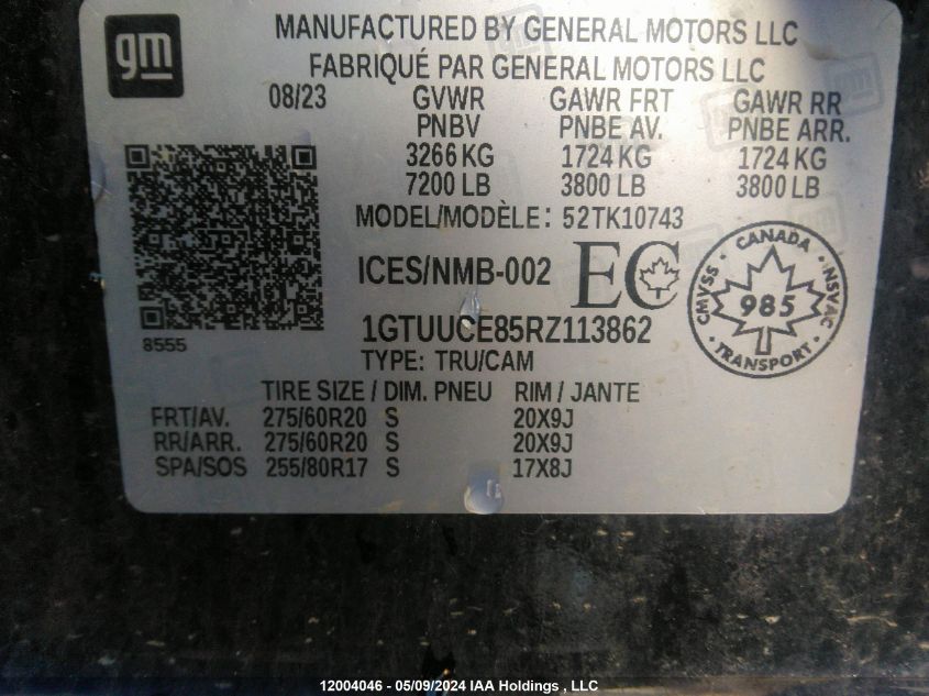 2024 GMC Sierra 1500 VIN: 1GTUUCE85RZ113862 Lot: 12004046