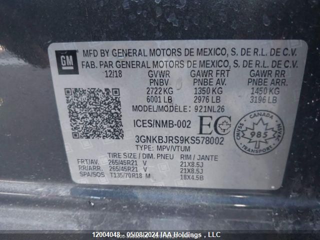 2019 Chevrolet Blazer VIN: 3GNKBJRS9KS578002 Lot: 12004048