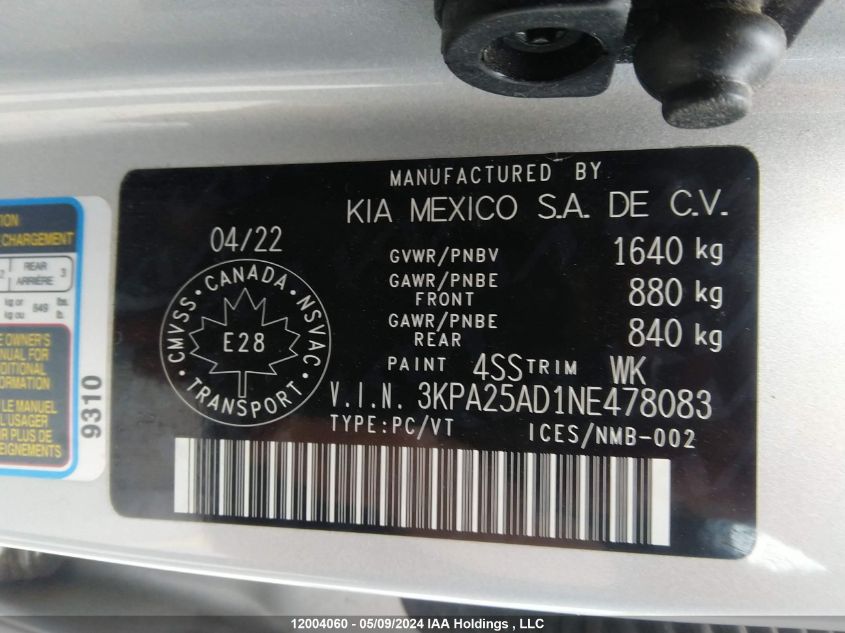 2022 Kia Rio 5-Door VIN: 3KPA25AD1NE478083 Lot: 12004060