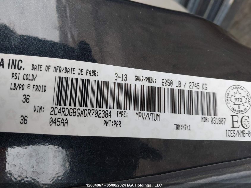 2013 Dodge Grand Caravan Se/Sxt VIN: 2C4RDGBGXDR702384 Lot: 12004067