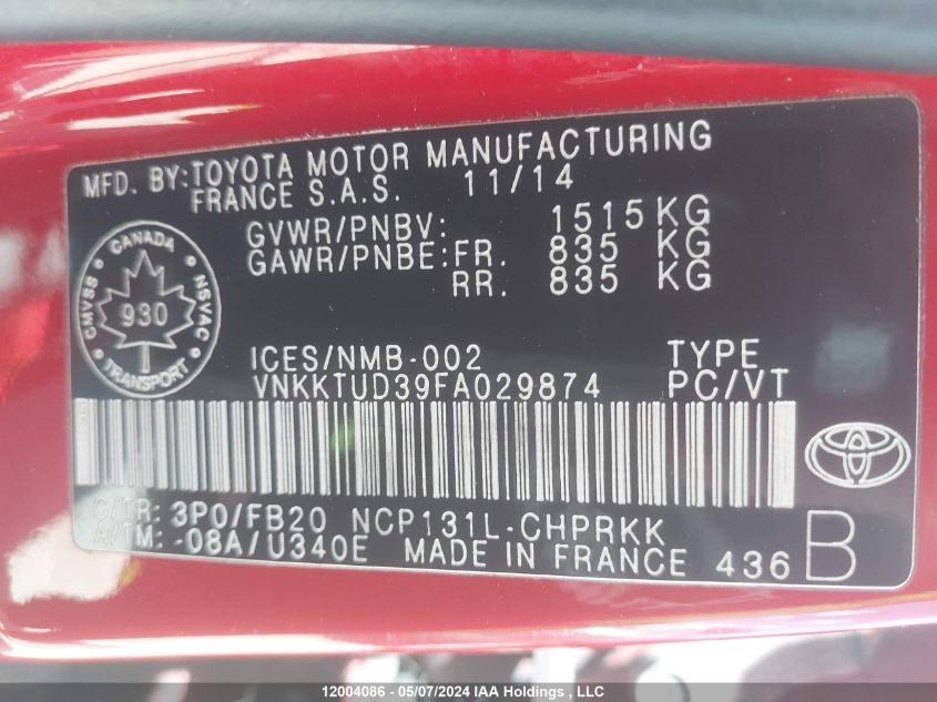 2015 Toyota Yaris VIN: VNKKTUD39FA029874 Lot: 12004086