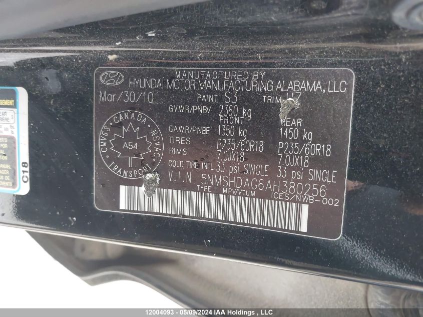 2010 Hyundai Santa Fe Limited 3.5 VIN: 5NMSHDAG6AH380256 Lot: 12004093