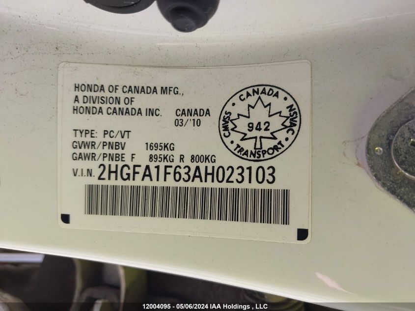 2010 Honda Civic Lx-S VIN: 2HGFA1F63AH023103 Lot: 12004095