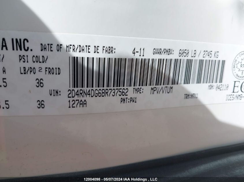 2011 Dodge Grand Caravan Express VIN: 2D4RN4DG6BR737562 Lot: 12004098