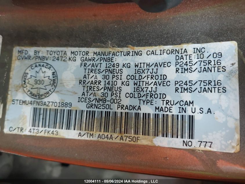 2010 Toyota Tacoma V6 VIN: 5TEMU4FN3AZ701889 Lot: 12004111