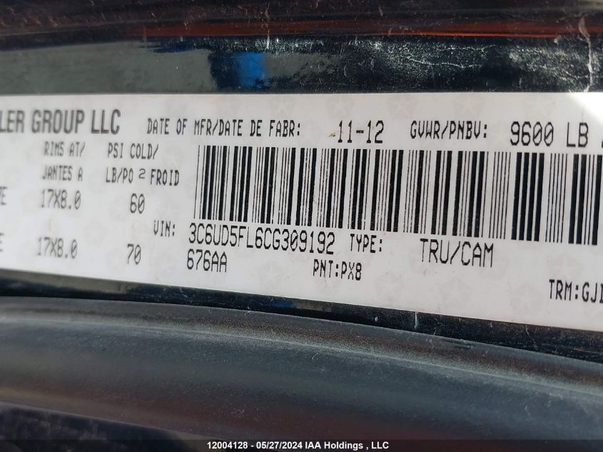 2012 Dodge Ram 2500 Laramie VIN: 3C6UD5FL6CG309192 Lot: 12004128