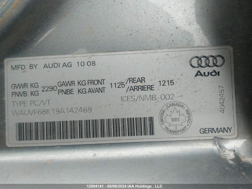 2009 Audi A4 2.0T Avant Quattro VIN: WAUVF68K19A142469 Lot: 12004141