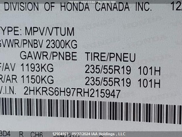 2024 Honda Cr-V Hybrid VIN: 2HKRS6H97RH215947 Lot: 12004161