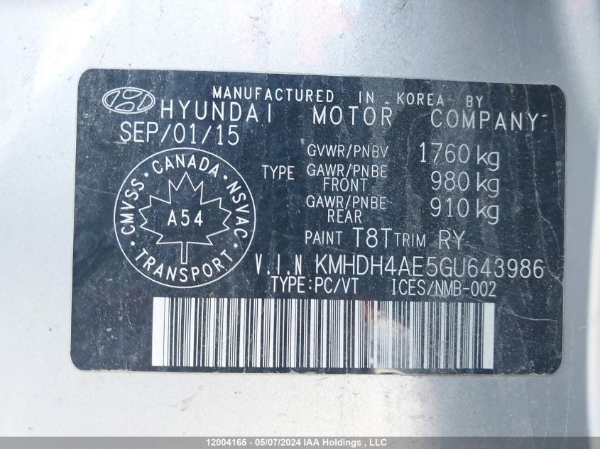 2016 Hyundai Elantra Sport Appearance VIN: KMHDH4AE5GU643986 Lot: 12004165