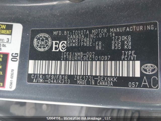 2014 Toyota Corolla L/Le/Le Pls/Prm/S/S Pls VIN: 2T1BURHE9EC101097 Lot: 12004191