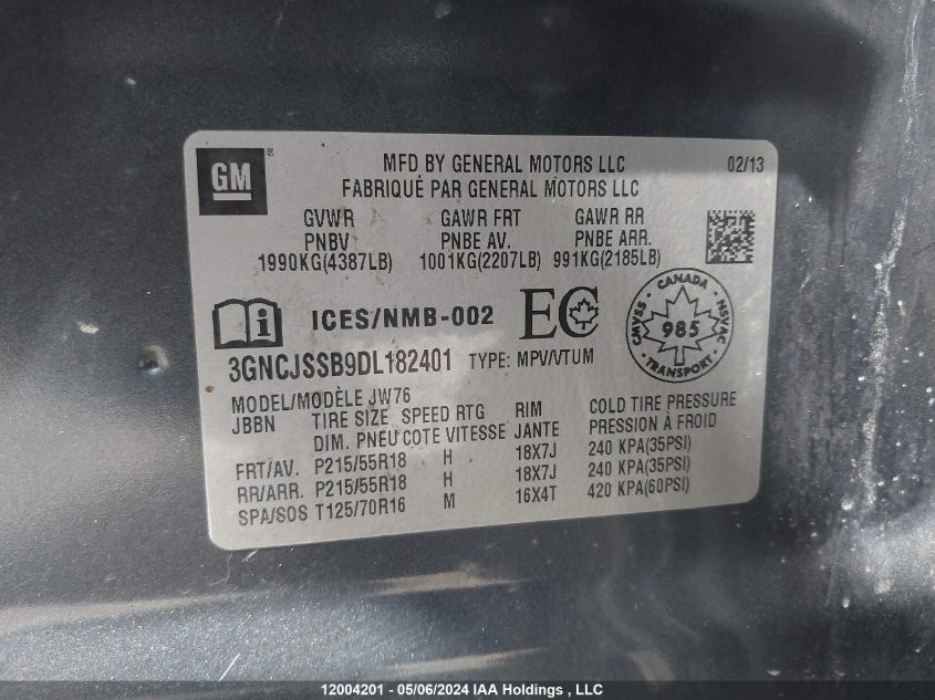 2013 Chevrolet Trax VIN: 3GNCJSSB9DL182401 Lot: 12004201