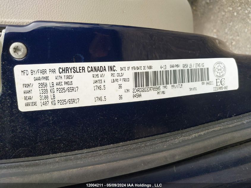 2013 Dodge Grand Caravan Se/Sxt VIN: 2C4RDGBG3DR709905 Lot: 12004211