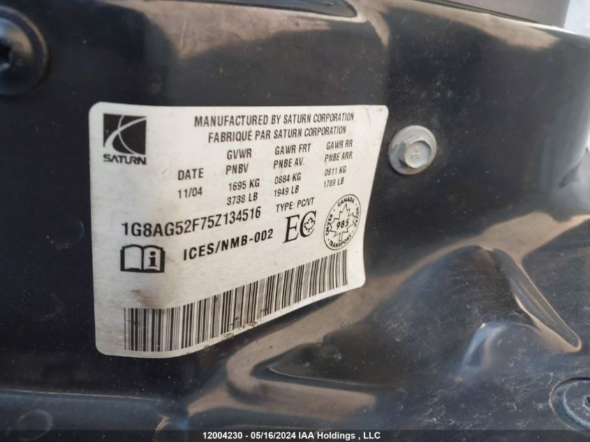 2005 Saturn Ion Sedan VIN: 1G8AG52F75Z134516 Lot: 12004230