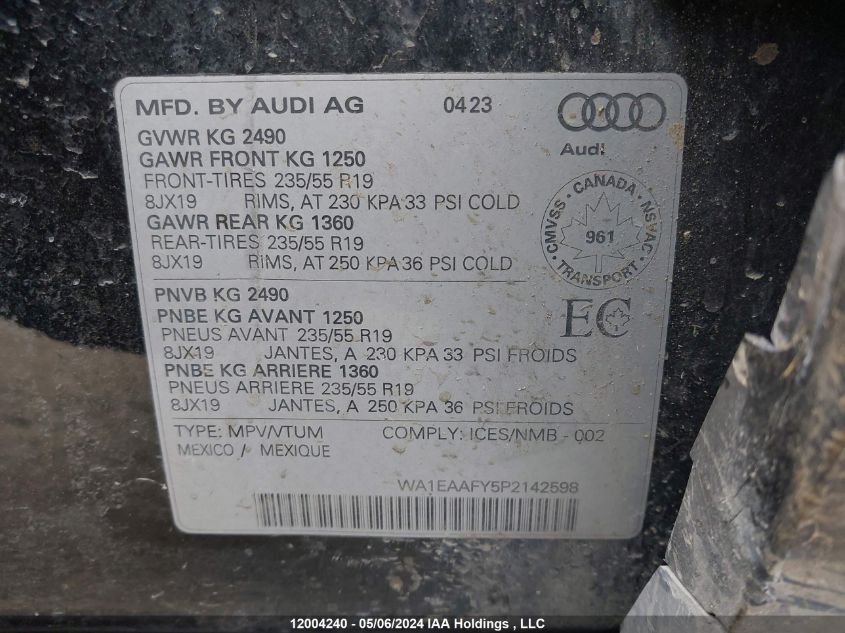 2023 Audi Q5 Premium Plus 45 VIN: WA1EAAFY5P2142598 Lot: 12004240