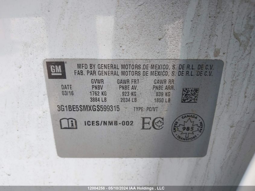 2016 Chevrolet Cruze Lt VIN: 3G1BE5SMXGS599315 Lot: 12004258