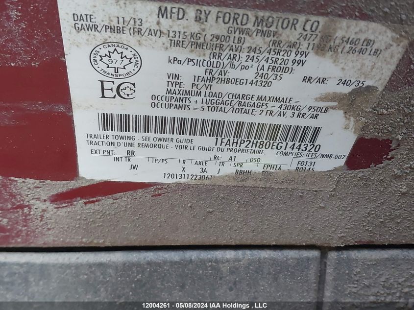 2014 Ford Taurus Sel VIN: 1FAHP2H80EG144320 Lot: 12004261