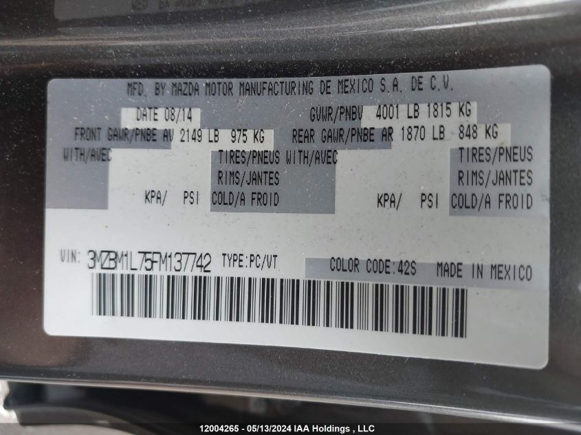 2015 Mazda Mazda3 VIN: 3MZBM1L75FM137742 Lot: 12004265