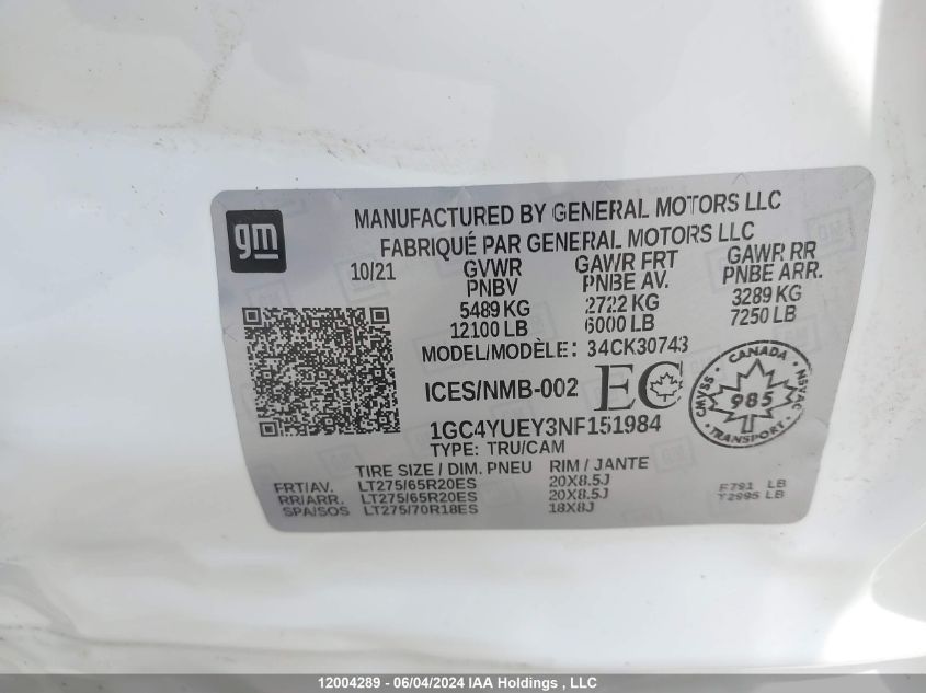 2022 Chevrolet Silverado 3500Hd VIN: 1GC4YUEY3NF151984 Lot: 12004289