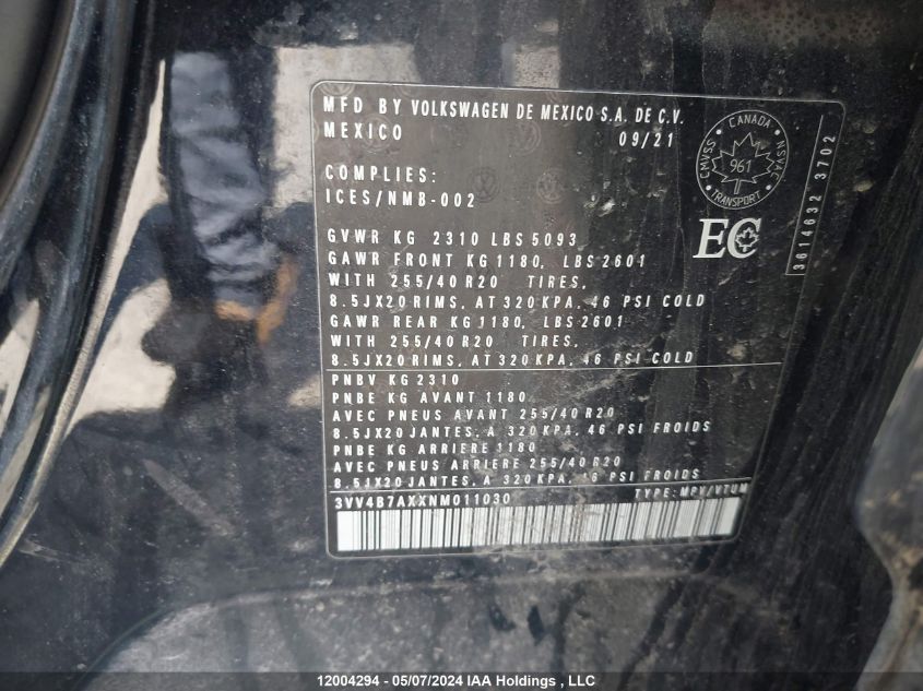 2022 Volkswagen Tiguan Sel R-Line VIN: 3VV4B7AXXNM011030 Lot: 12004294