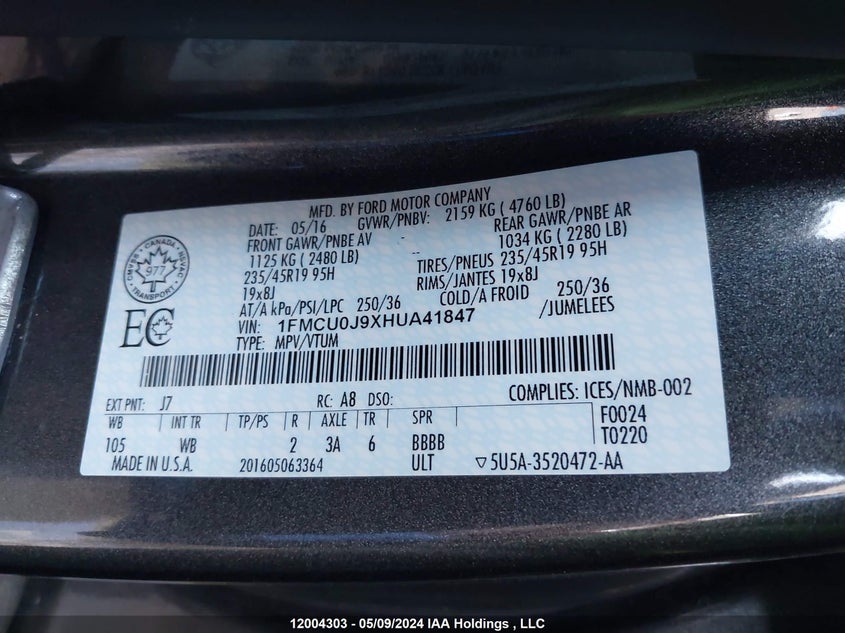 2017 Ford Escape Titanium VIN: 1FMCU0J9XHUA41847 Lot: 12004303