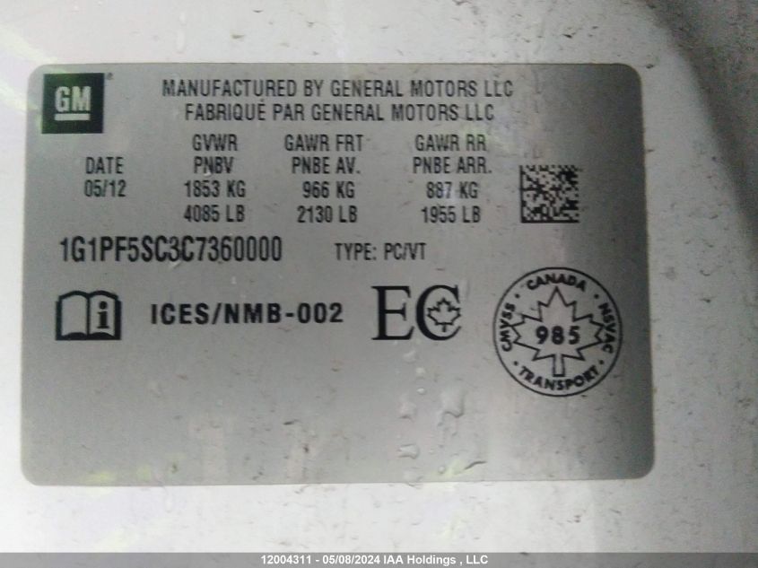 2012 Chevrolet Cruze VIN: 1G1PF5SC3C7360000 Lot: 12004311