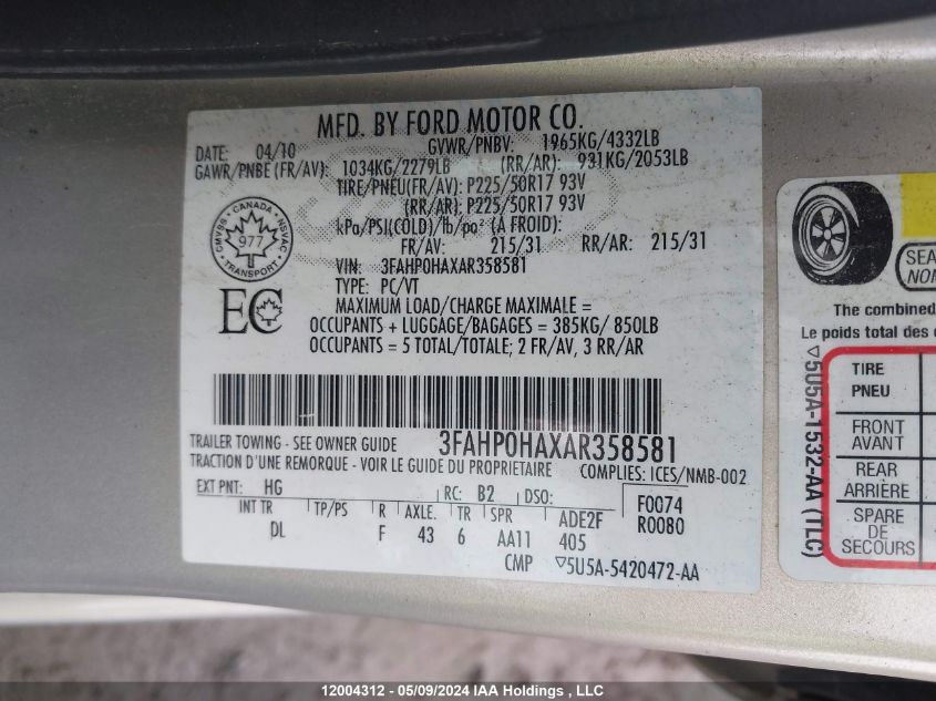 2010 Ford Fusion VIN: 3FAHP0HAXAR358581 Lot: 12004312