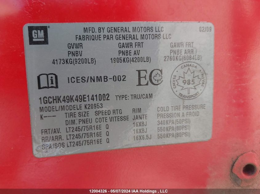2009 Chevrolet Silverado 2500Hd VIN: 1GCHK49K49E141002 Lot: 12004326