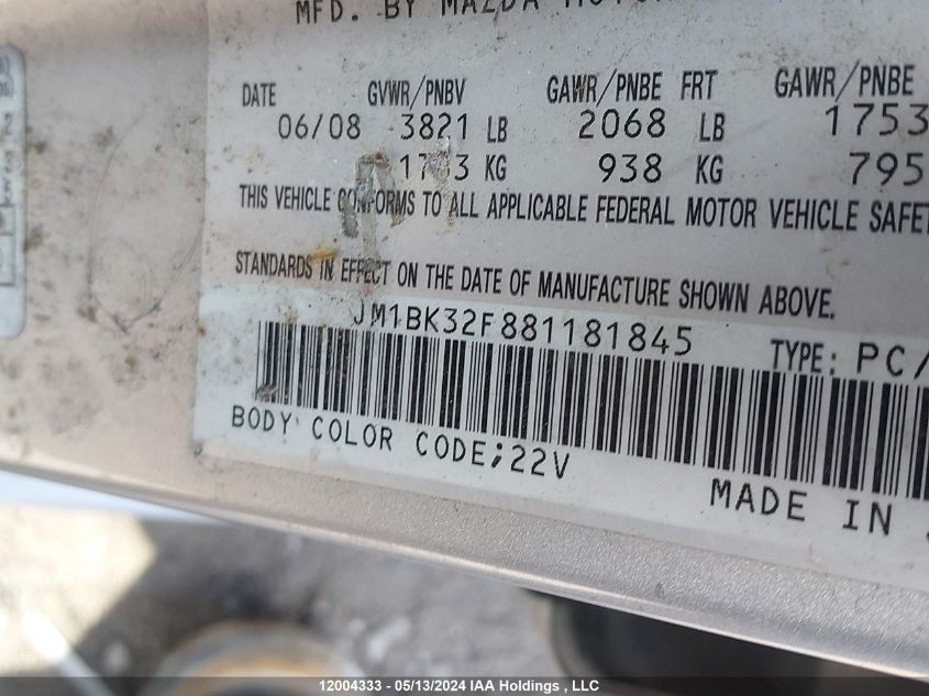 2008 Mazda Mazda3 VIN: JM1BK32F881181845 Lot: 12004333