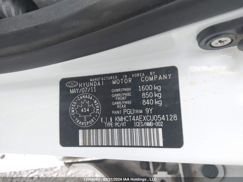 2012 Hyundai Accent Gls/Gs VIN: KMHCT4AEXCU054128 Lot: 12004352