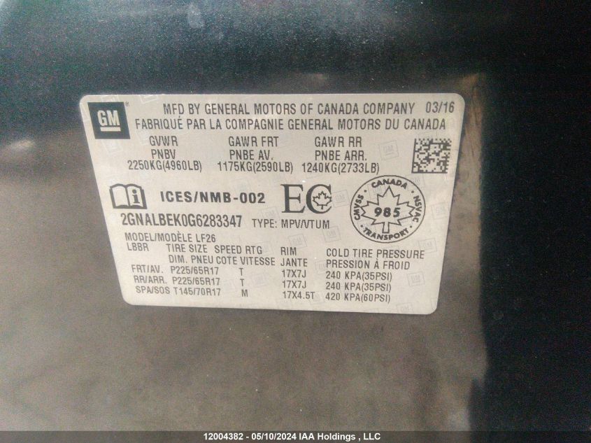 2016 Chevrolet Equinox VIN: 2GNALBEK0G6283347 Lot: 12004382