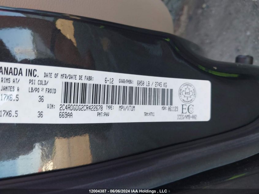 2012 Dodge Grand Caravan Crew VIN: 2C4RDGDG2CR422678 Lot: 12004387