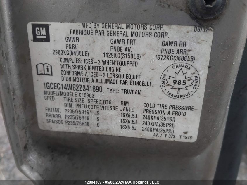 2002 Chevrolet Silverado C1500 VIN: 1GCEC14W82Z341890 Lot: 12004389