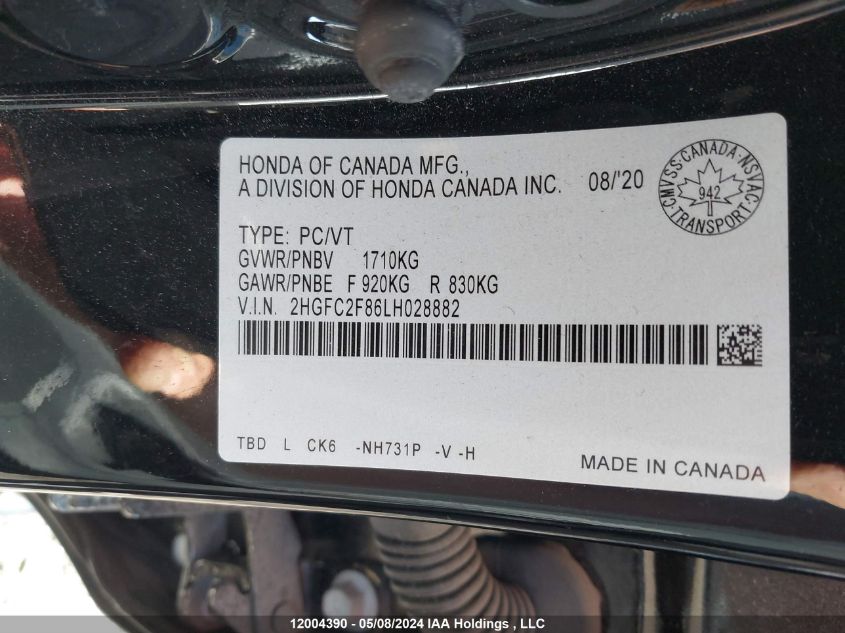 2020 Honda Civic Sedan VIN: 2HGFC2F86LH028882 Lot: 12004390