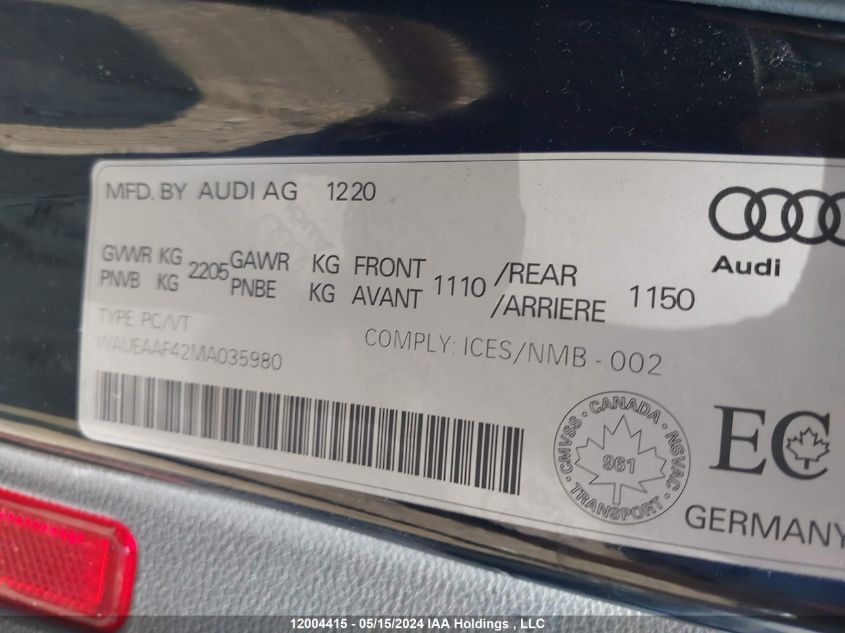 2021 Audi A4 VIN: WAUEAAF42MA035980 Lot: 12004415