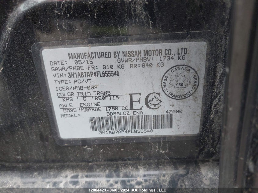 2015 Nissan Sentra VIN: 3N1AB7AP4FL655540 Lot: 12004423