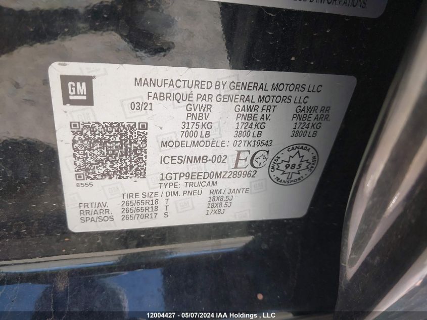 2021 GMC Sierra 1500 VIN: 1GTP9EED0MZ289962 Lot: 12004427