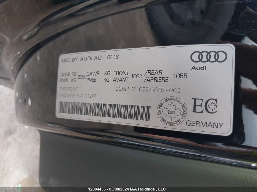 2018 Audi A5 VIN: WAUNNAF59JA101241 Lot: 12004455