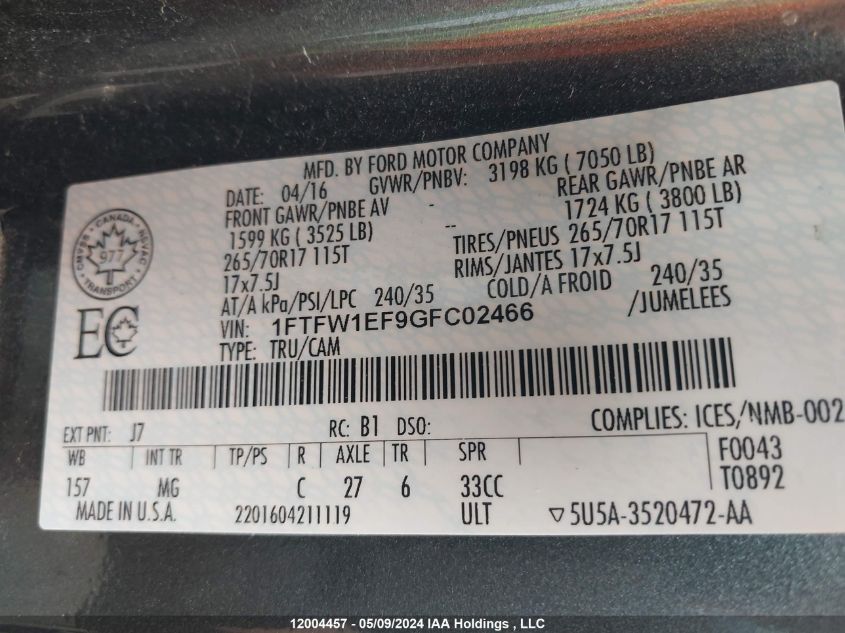 2016 Ford F-150 Xlt VIN: 1FTFW1EF9GFC02466 Lot: 12004457